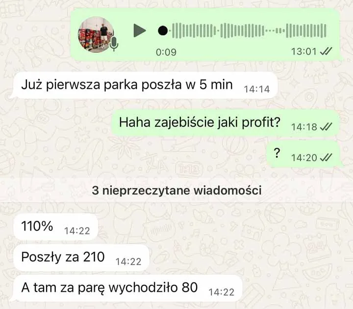 Rozmowa na WhatsAppie: pierwsza para sprzedana w 5 minut, 110% zysku