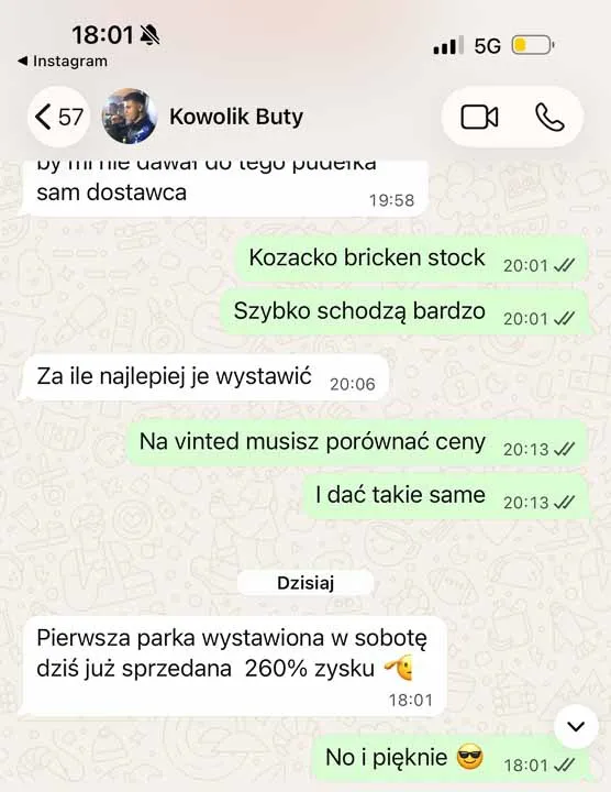 Rozmowa na WhatsAppie: pierwsza para wystawiona w sobotę sprzedana z 260% zysku
